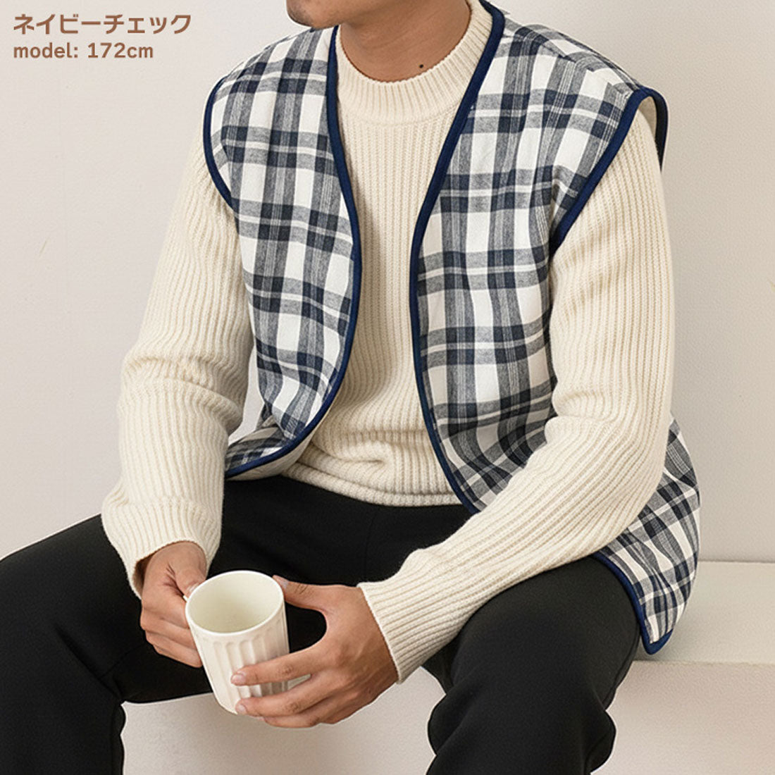 リアルスタイル REAL STYLE ベスト メンズ 秋冬 秋 冬 前開き 裏起毛 裏ボア おしゃれ 暖かい 防寒 軽い ポンチョ アウター 羽織り ジップアップ 部屋着 ゴルフ 入院 （ブラックチェック1） ブラックチェック1