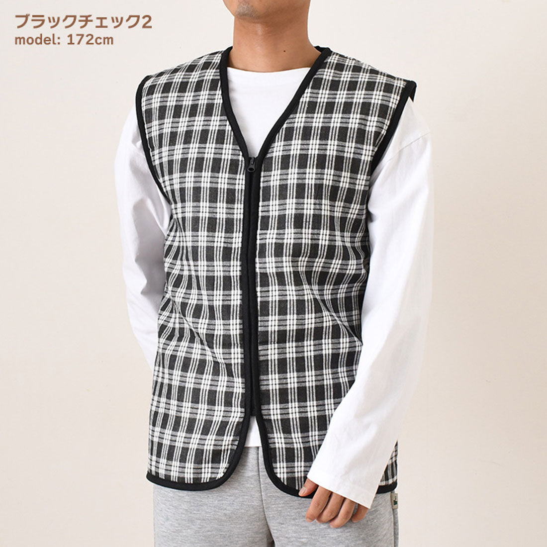 リアルスタイル REAL STYLE ベスト メンズ 秋冬 秋 冬 前開き 裏起毛 裏ボア おしゃれ 暖かい 防寒 軽い ポンチョ アウター 羽織り ジップアップ 部屋着 ゴルフ 入院 （ブラックチェック1） ブラックチェック1