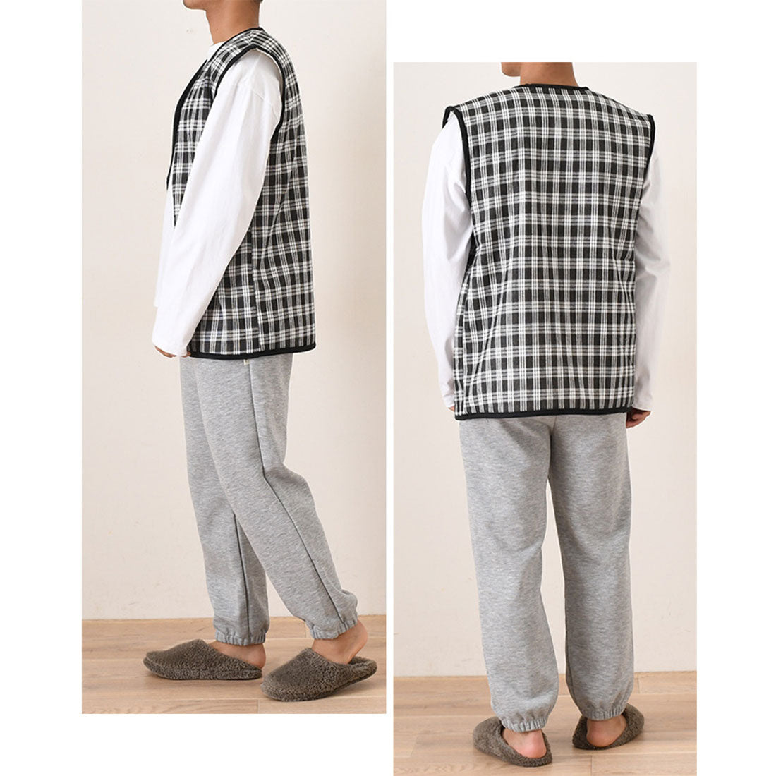 リアルスタイル REAL STYLE ベスト メンズ 秋冬 秋 冬 前開き 裏起毛 裏ボア おしゃれ 暖かい 防寒 軽い ポンチョ アウター 羽織り ジップアップ 部屋着 ゴルフ 入院 （ブラックチェック1） ブラックチェック1