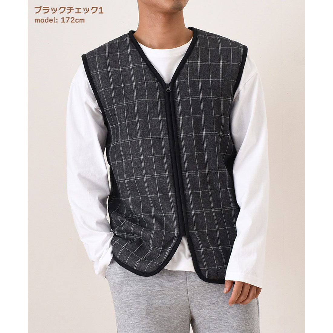 リアルスタイル REAL STYLE ベスト メンズ 秋冬 秋 冬 前開き 裏起毛 裏ボア おしゃれ 暖かい 防寒 軽い ポンチョ アウター 羽織り ジップアップ 部屋着 ゴルフ 入院 （ブラックチェック1） ブラックチェック1