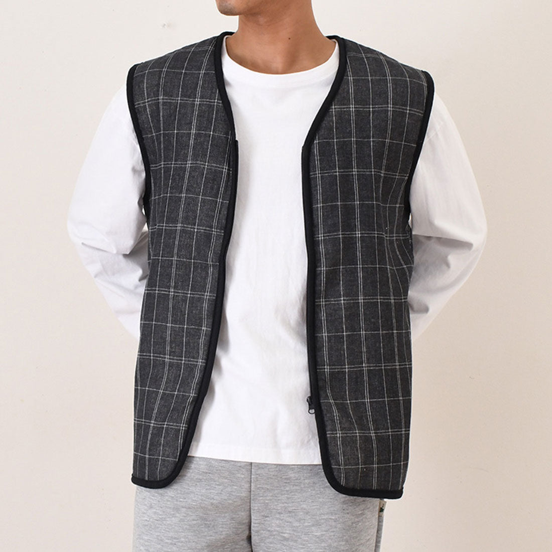 リアルスタイル REAL STYLE ベスト メンズ 秋冬 秋 冬 前開き 裏起毛 裏ボア おしゃれ 暖かい 防寒 軽い ポンチョ アウター 羽織り ジップアップ 部屋着 ゴルフ 入院 （ブラックチェック1） ブラックチェック1