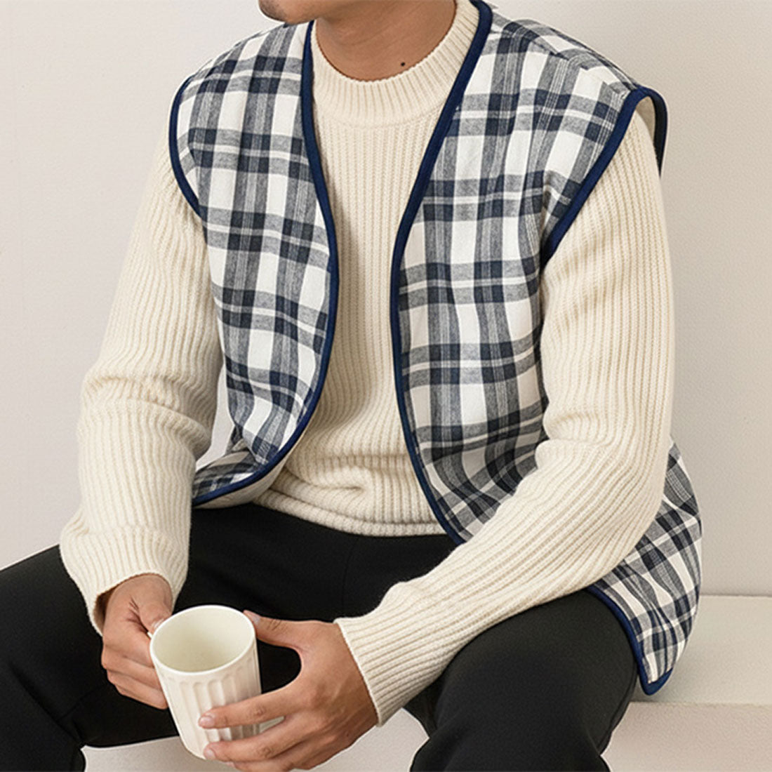 リアルスタイル REAL STYLE ベスト メンズ 秋冬 秋 冬 前開き 裏起毛 裏ボア おしゃれ 暖かい 防寒 軽い ポンチョ アウター 羽織り ジップアップ 部屋着 ゴルフ 入院 （ネイビーチェック） ネイビーチェック
