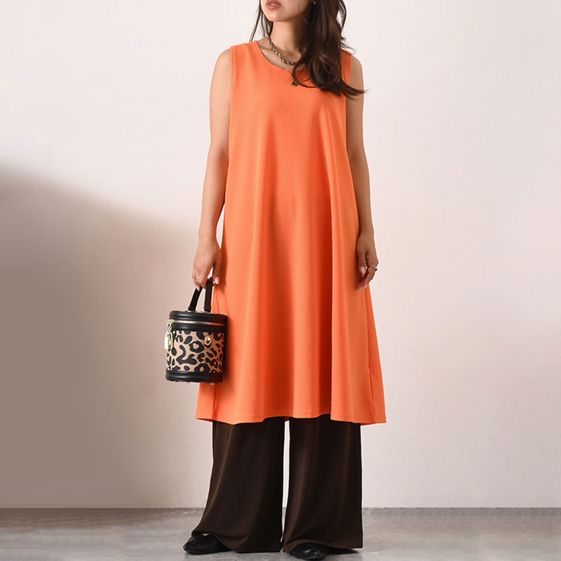 REAL STYLE One-piece dress, sleeveless, knee-length, long, quick-drying, tunic, maternity, A-line, embossed, figure-covering, fall outfit orange