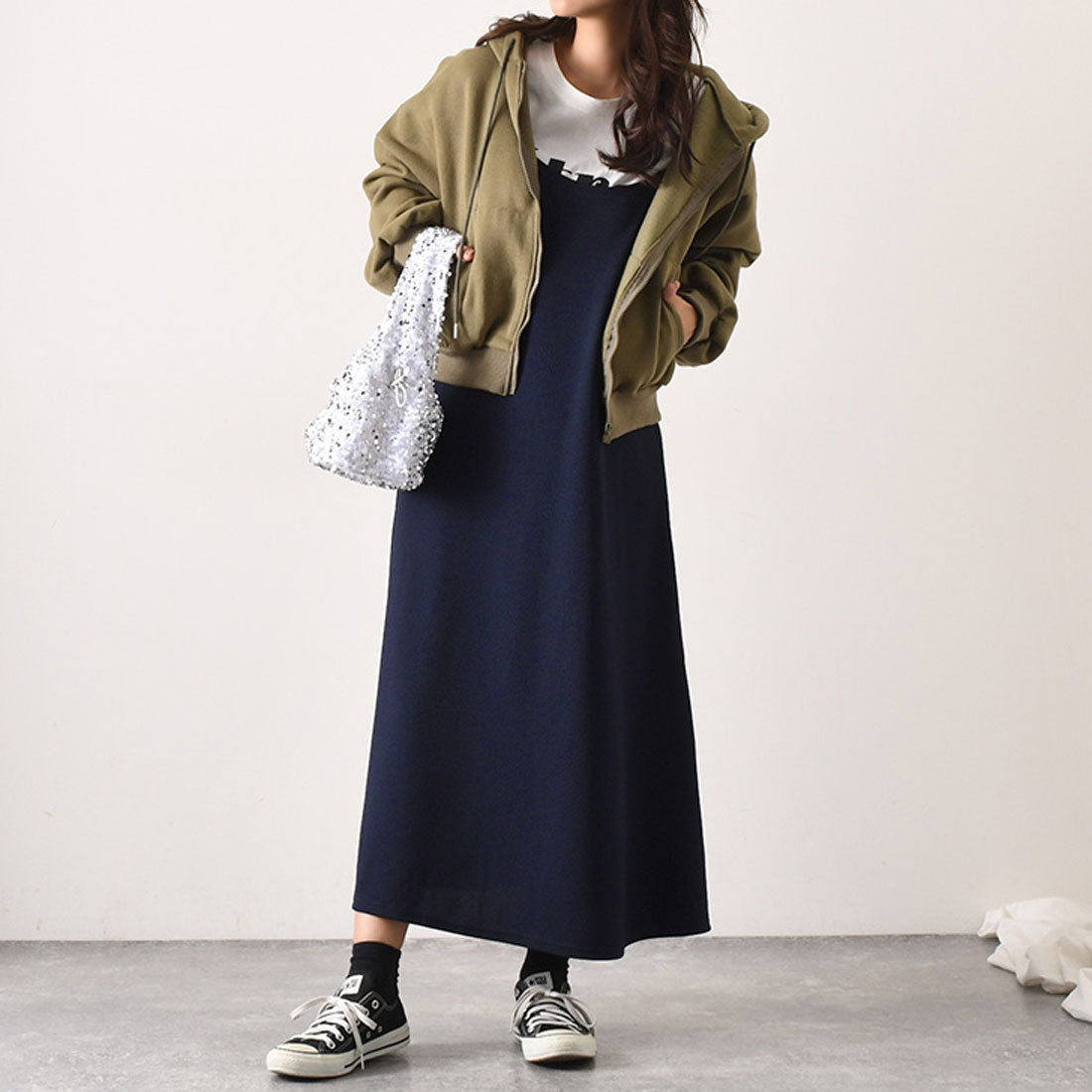 リアルスタイル REAL STYLE ワンピース キャミソール キャミワンピ ロング 冬  速乾 マタニティ Aライン エンボス 体型カバー,ダークネイビー
