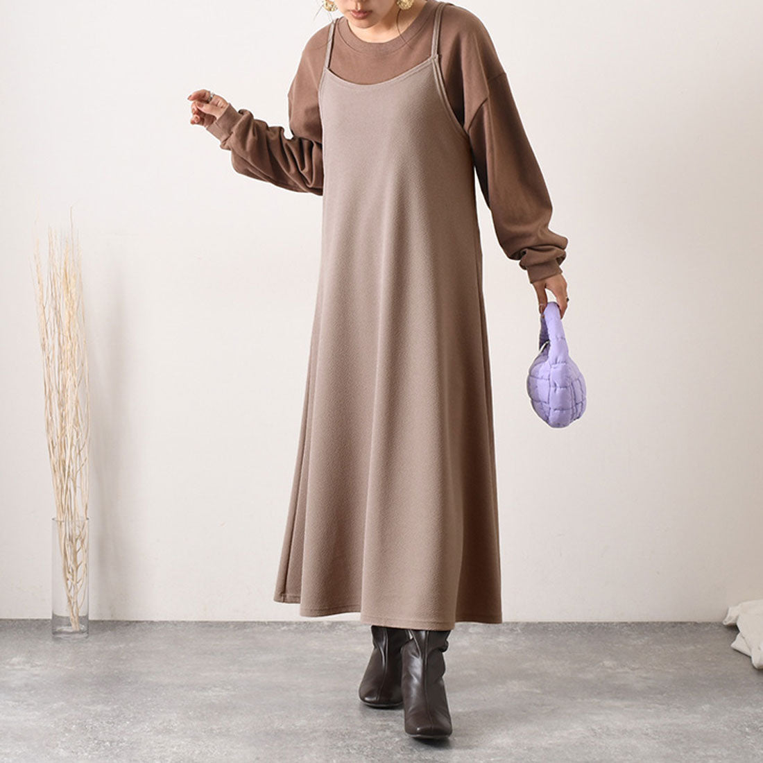 リアルスタイル REAL STYLE ワンピース キャミソール キャミワンピ ロング 冬  速乾 マタニティ Aライン エンボス 体型カバー,モカベージュ