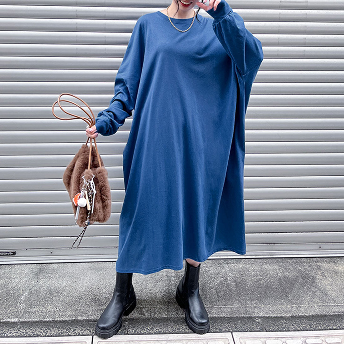 リアルスタイル REAL STYLE ワンピース レディース 春 秋 長袖 ロング丈 薄手 カットソー 高身長 ゆったり 大きいサイズ 体型カバー 無地 コットン 綿 カジュアル 韓国ファッション チンチャコリア,ダスティブルー