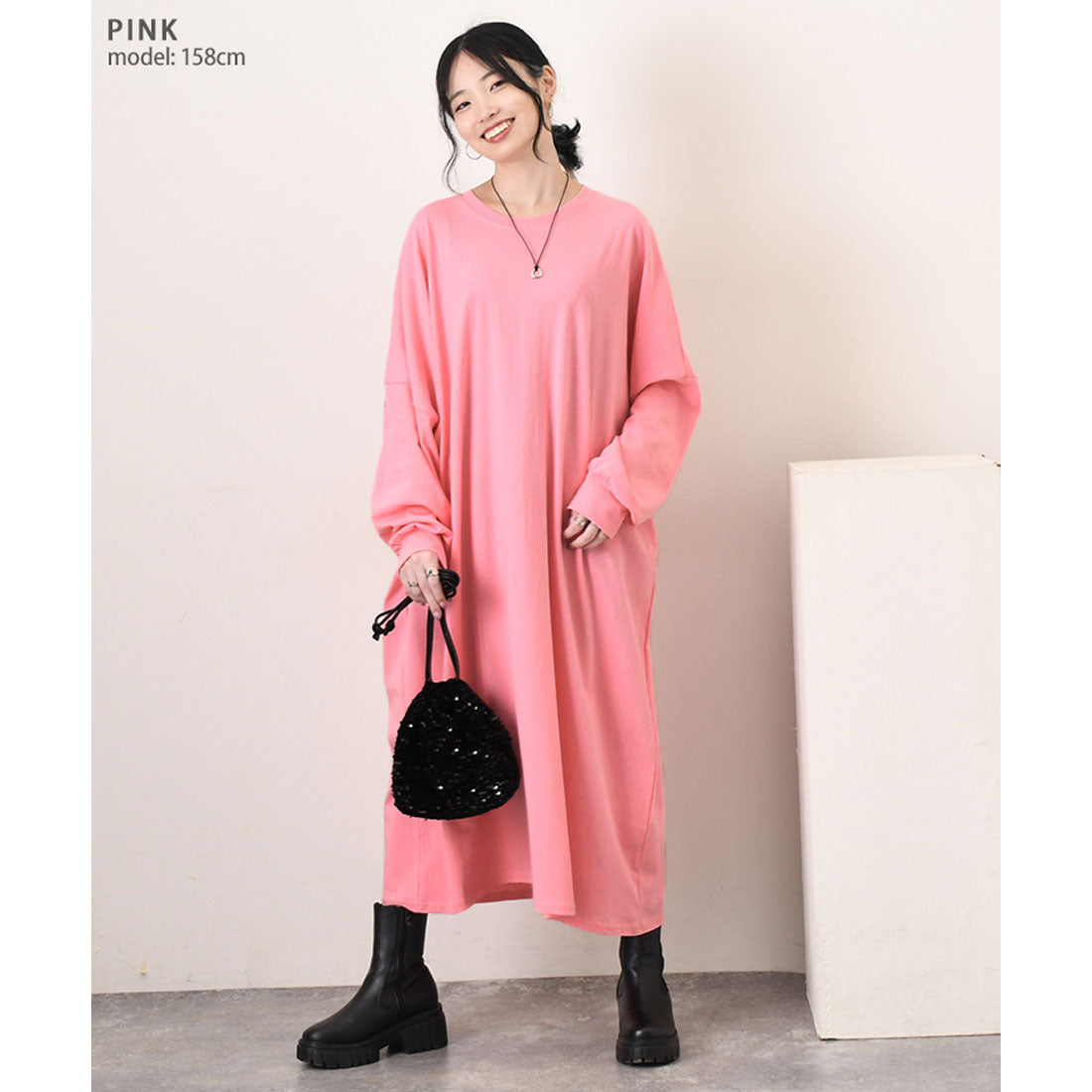リアルスタイル REAL STYLE ワンピース レディース 春 秋 長袖 ロング丈 薄手 カットソー 高身長 ゆったり 大きいサイズ 体型カバー 無地 コットン 綿 カジュアル 韓国ファッション チンチャコリア