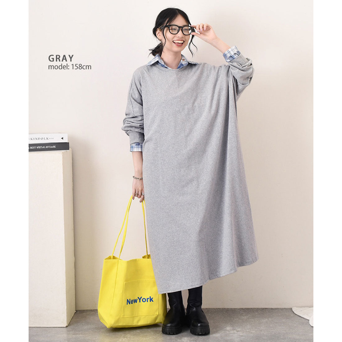 リアルスタイル REAL STYLE ワンピース レディース 春 秋 長袖 ロング丈 薄手 カットソー 高身長 ゆったり 大きいサイズ 体型カバー 無地 コットン 綿 カジュアル 韓国ファッション チンチャコリア