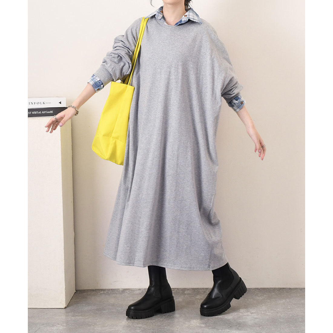 リアルスタイル REAL STYLE ワンピース レディース 春 秋 長袖 ロング丈 薄手 カットソー 高身長 ゆったり 大きいサイズ 体型カバー 無地 コットン 綿 カジュアル 韓国ファッション チンチャコリア