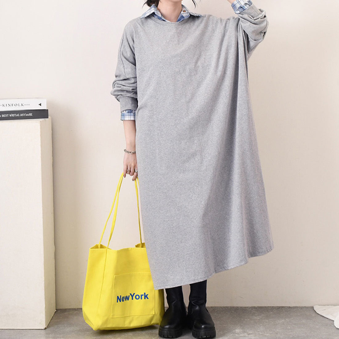 リアルスタイル REAL STYLE ワンピース レディース 春 秋 長袖 ロング丈 薄手 カットソー 高身長 ゆったり 大きいサイズ 体型カバー 無地 コットン 綿 カジュアル 韓国ファッション チンチャコリア,グレー