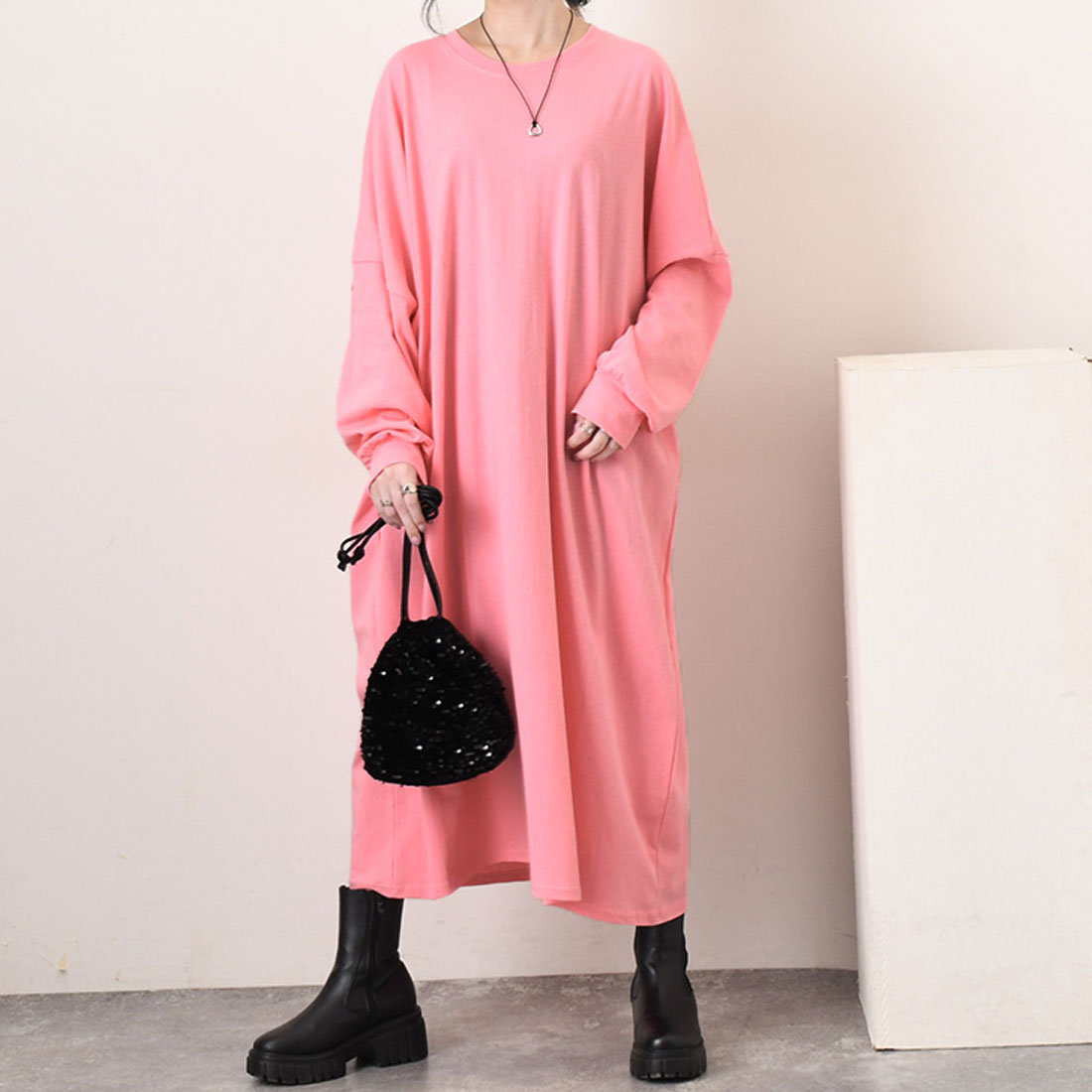 リアルスタイル REAL STYLE ワンピース レディース 春 秋 長袖 ロング丈 薄手 カットソー 高身長 ゆったり 大きいサイズ 体型カバー 無地 コットン 綿 カジュアル 韓国ファッション チンチャコリア,ピンク