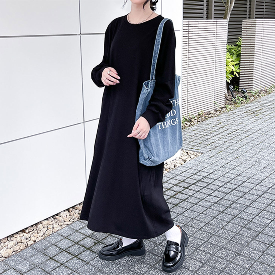 リアルスタイル REAL STYLE ワンピース レディース 春 秋 長袖 ロング丈 薄手 カットソー 高身長 ゆったり 大きいサイズ 体型カバー 無地 コットン 綿 カジュアル 韓国ファッション チンチャコリア,ブラック