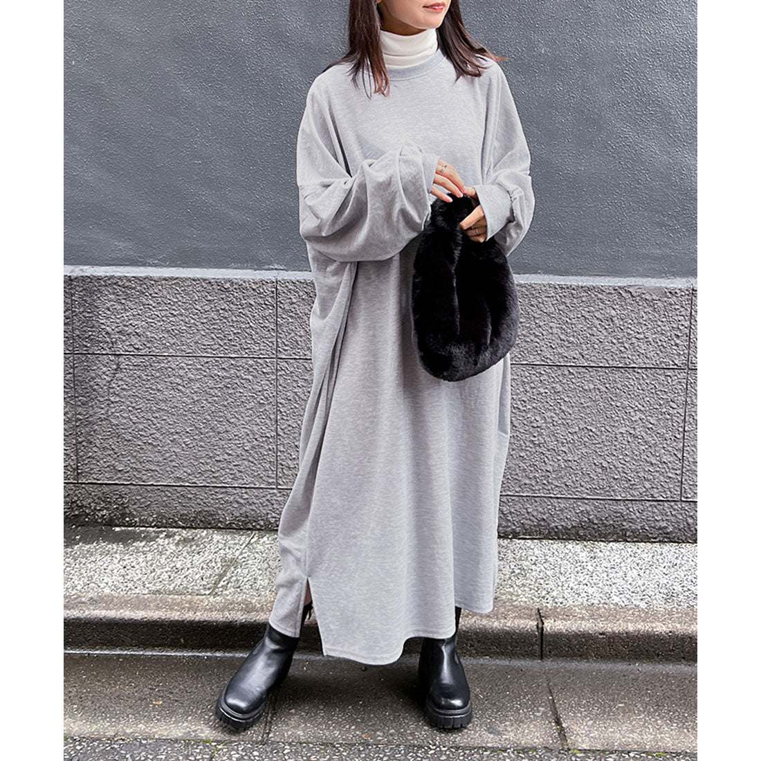 リアルスタイル REAL STYLE ワンピース レディース 春 秋 長袖 薄手 ロング丈 マキシ丈 ゆったり 大きいサイズ 体型カバー フレア カジュアル 無地 シンプル 韓国ファッション チンチャコリア