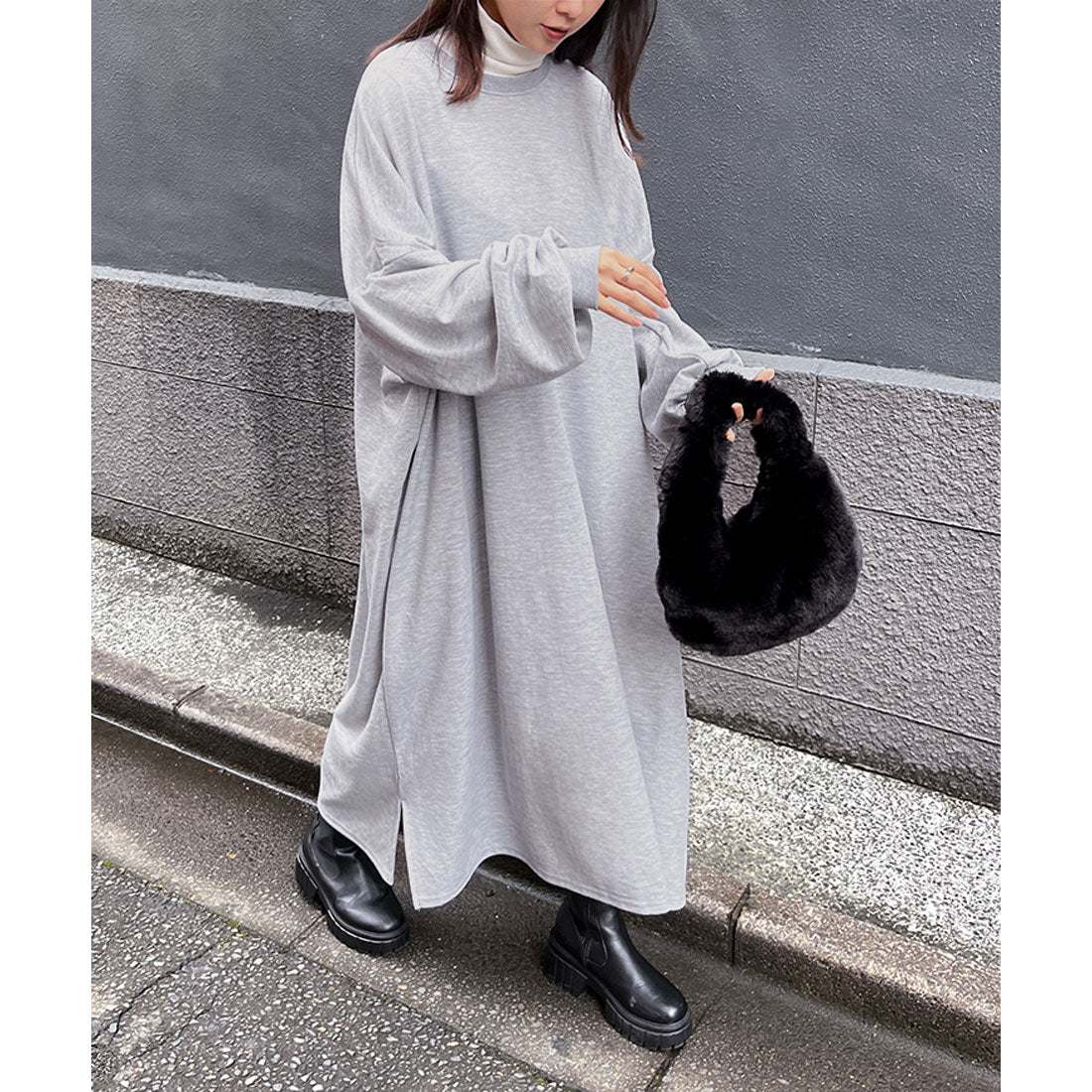 リアルスタイル REAL STYLE ワンピース レディース 春 秋 長袖 薄手 ロング丈 マキシ丈 ゆったり 大きいサイズ 体型カバー フレア カジュアル 無地 シンプル 韓国ファッション チンチャコリア