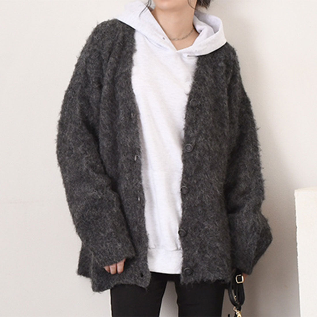 リアルスタイル REAL STYLE カーディガン レディース 秋冬 厚手 ニット 極暖 軽い アウター トップス Vネック 大きめ ゆったり 羽織り 体型カバー 可愛い おしゃれ,チャコール