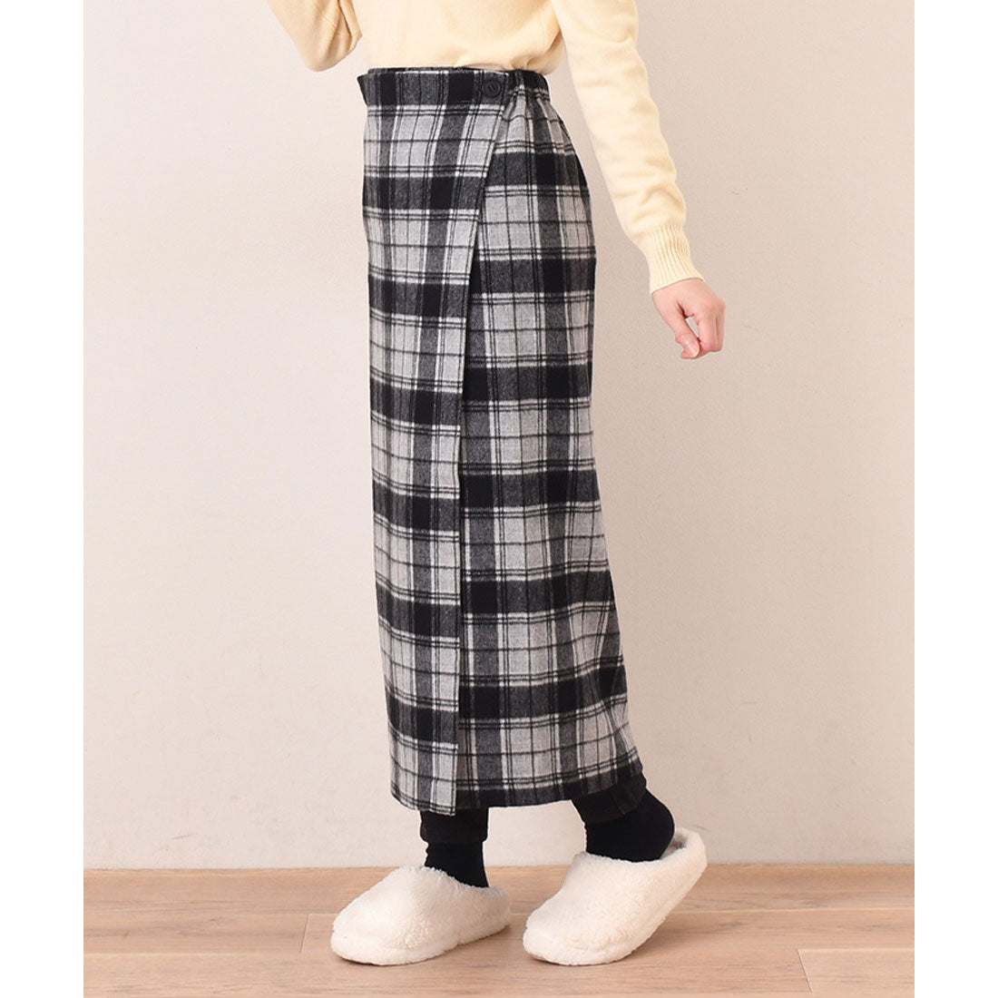 リアルスタイル REAL STYLE 巻きスカート ロング 防寒 ラップスカート ブランケット ひざ掛け 薄手 大判 レディース おしゃれ 日本製 暖かい チェック柄 レイヤード