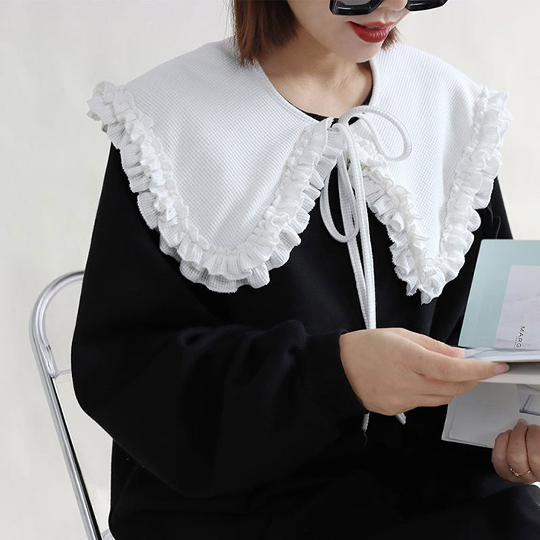 リアルスタイル REAL STYLE 付け襟 つけ襟 フリル レディース インナー ボウタイ リボン ブラウス シャツ カラー 綿混 コットン混 ワッフル 着回し おしゃれ 大人