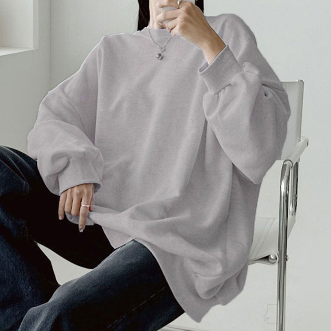 Real Style Sweatshirt for Women Long Sleeve Autumn Winter Fleece Tunic Trainer Tops Warm Plus Size Loose Sweat Knee-Length Casual Korean Fashion Chinchakoria