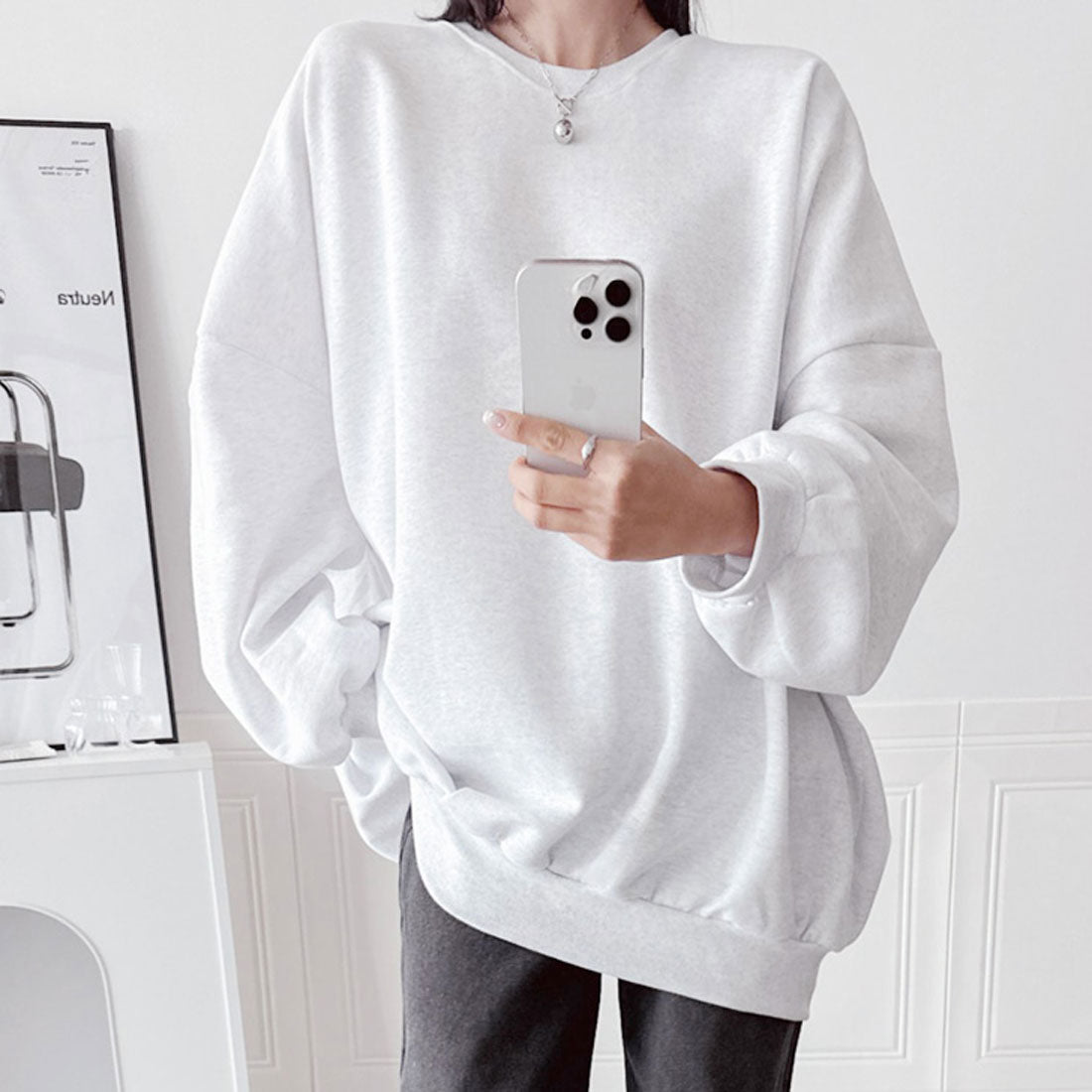 Real Style Sweatshirt for Women Long Sleeve Autumn Winter Fleece Tunic Trainer Tops Warm Plus Size Loose Sweat Knee-Length Casual Korean Fashion Chinchakoria