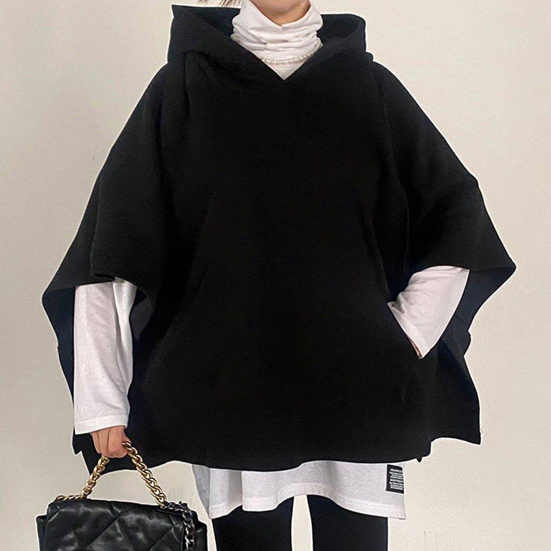 Real Style Cape for Women, Fleece Lined Sweat Poncho, Cloak Top Outerwear, Plus Size, Sleeveless, Warm, Autumn/Winter Sweat Jacket, Layering, Korean Fashion, Chincha Korea
