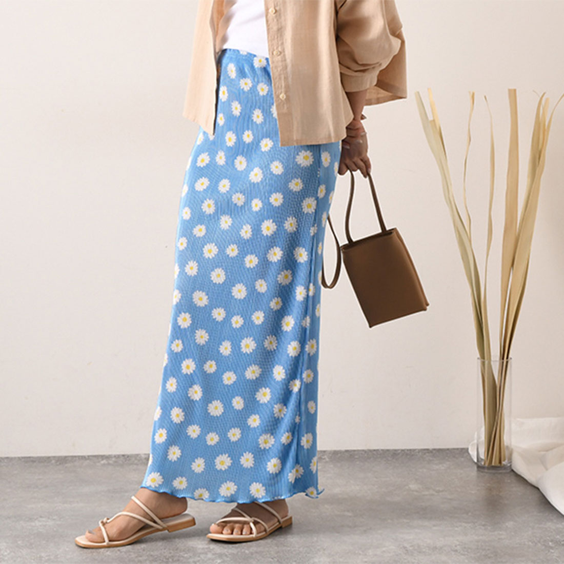 REAL STYLE Skirt, Long, Women's, Maxi Length, Pleated, Floral, Cute, Adult, Shiny, Elastic Waist, Korean Fashion