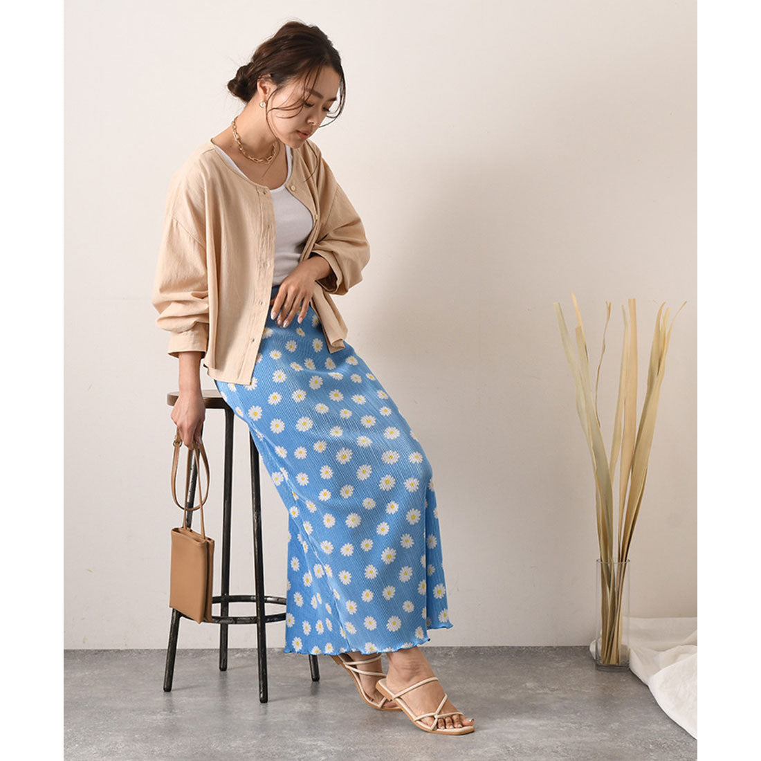 REAL STYLE Skirt, Long, Women's, Maxi Length, Pleated, Floral, Cute, Adult, Shiny, Elastic Waist, Korean Fashion