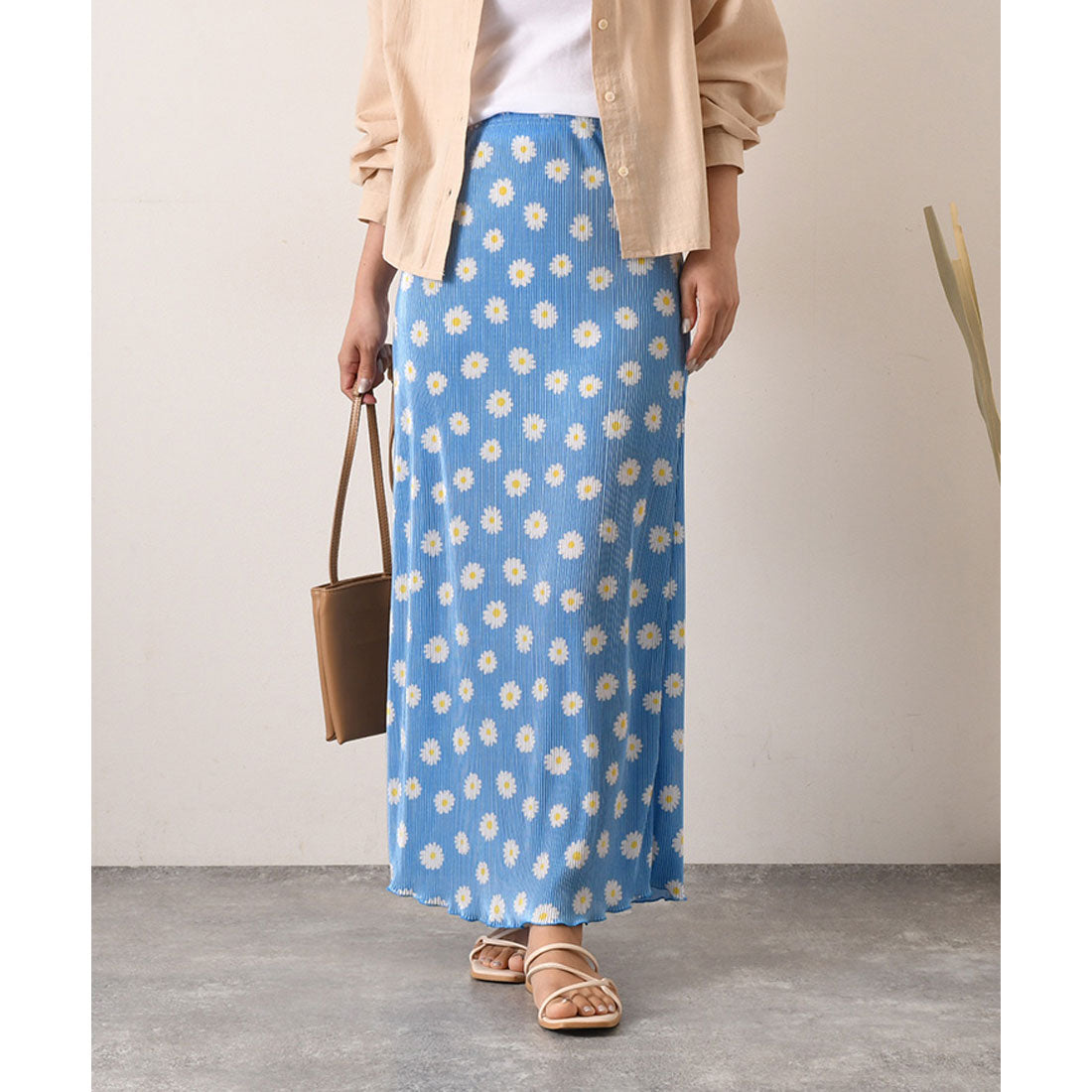 REAL STYLE Skirt, Long, Women's, Maxi Length, Pleated, Floral, Cute, Adult, Shiny, Elastic Waist, Korean Fashion
