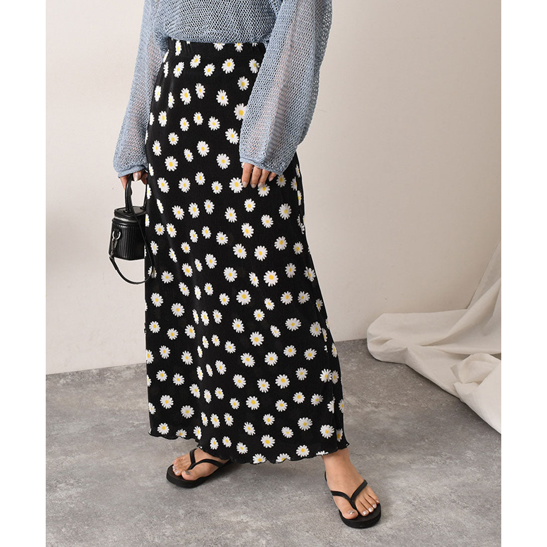 REAL STYLE Skirt, Long, Women's, Maxi Length, Pleated, Floral, Cute, Adult, Shiny, Elastic Waist, Korean Fashion