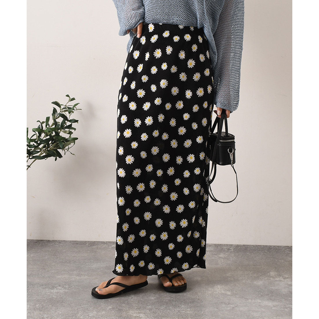 REAL STYLE Skirt, Long, Women's, Maxi Length, Pleated, Floral, Cute, Adult, Shiny, Elastic Waist, Korean Fashion