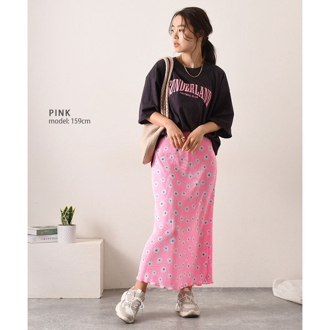 REAL STYLE Skirt, Long, Women's, Maxi Length, Pleated, Floral, Cute, Adult, Shiny, Elastic Waist, Korean Fashion