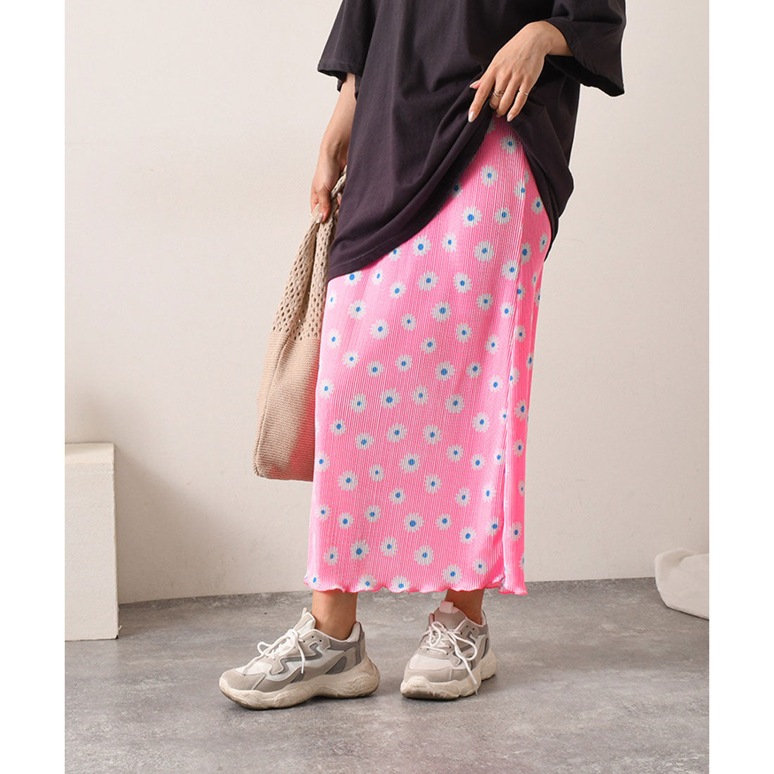 REAL STYLE Skirt, Long, Women's, Maxi Length, Pleated, Floral, Cute, Adult, Shiny, Elastic Waist, Korean Fashion
