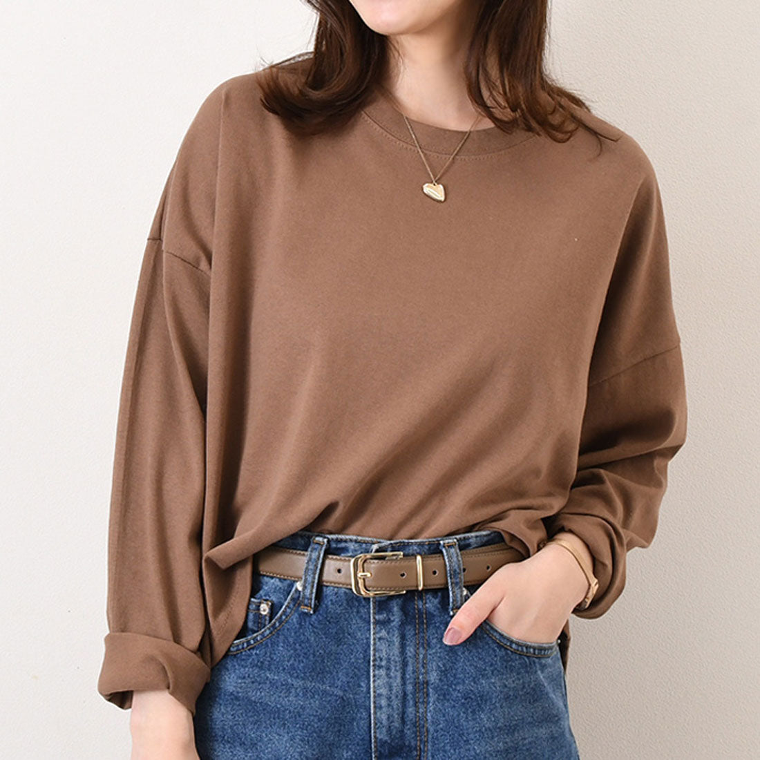 リアルスタイル REAL STYLE カットソー レディース 長袖 綿 コットン 薄手 Tシャツ ロンT ゆったり 大きめ カジュアル 春 夏 秋 シンプル 韓国 丸首 無地 韓国ファッション チンチャコリア （ブラウン） ブラウン
