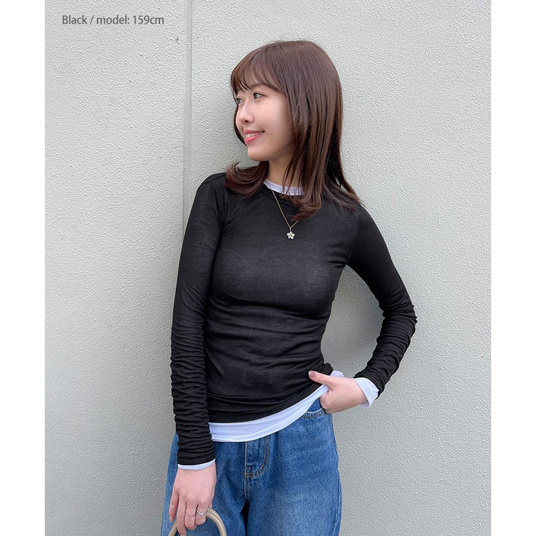 リアルスタイル REAL STYLE カットソー レディース シアー トップス インナー クルーネック 長袖 春 夏 コンパクト レイヤード 重ね着 シースルー 透け感 カジュアル 韓国ファッション チンチャコリア （ライトブルー） ライトブルー