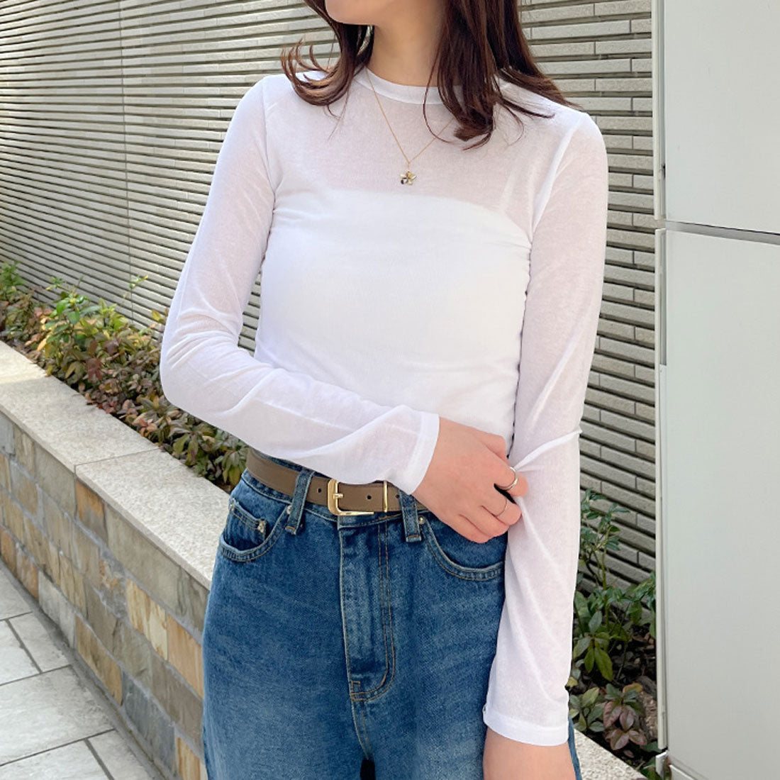 リアルスタイル REAL STYLE カットソー レディース シアー トップス インナー クルーネック 長袖 春 夏 コンパクト レイヤード 重ね着 シースルー 透け感 カジュアル 韓国ファッション チンチャコリア （ホワイト） ホワイト