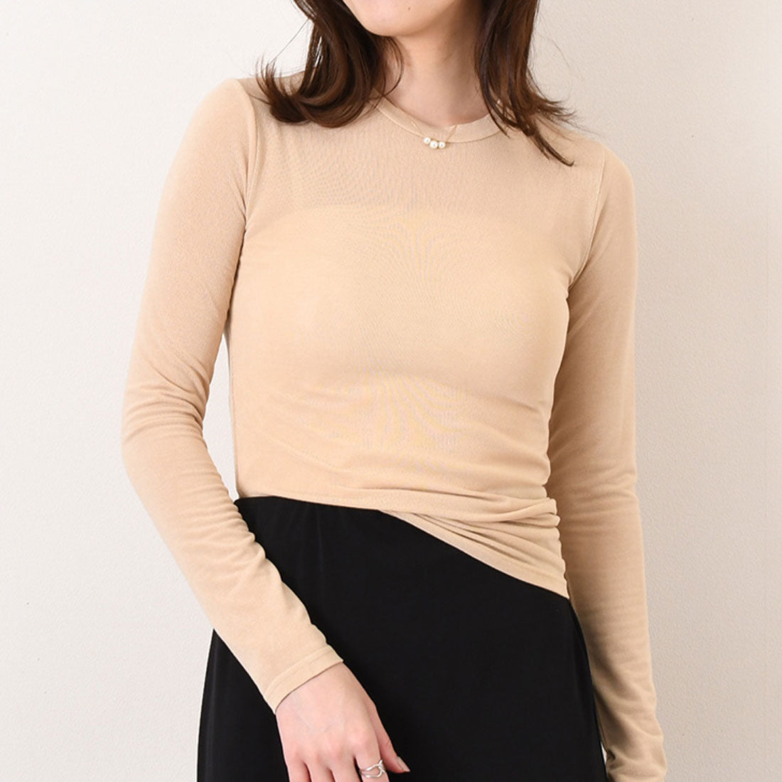 リアルスタイル REAL STYLE カットソー レディース シアー トップス インナー クルーネック 長袖 春 夏 コンパクト レイヤード 重ね着 シースルー 透け感 カジュアル 韓国ファッション チンチャコリア （ベージュ） ベージュ