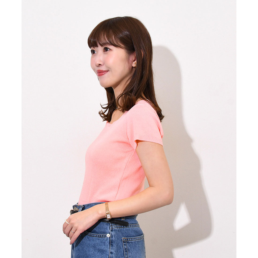 リアルスタイル REAL STYLE ニットソー レディース 半袖 インナー 春 夏 スクエアネック コンパクト ストレッチ 薄手 涼しい 韓国 きれいめ カジュアル 無地 （ピンク） ピンク