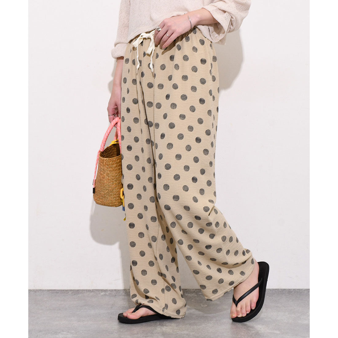 リアルスタイル REAL STYLE ワイドパンツ レディース 春 夏 ドット柄 涼しい 涼感 速乾 楽ちん きれいめ リラックス ウエストゴム 薄手 ボトムス 柄パンツ 柄物 （ライトカーキ） ライトカーキ