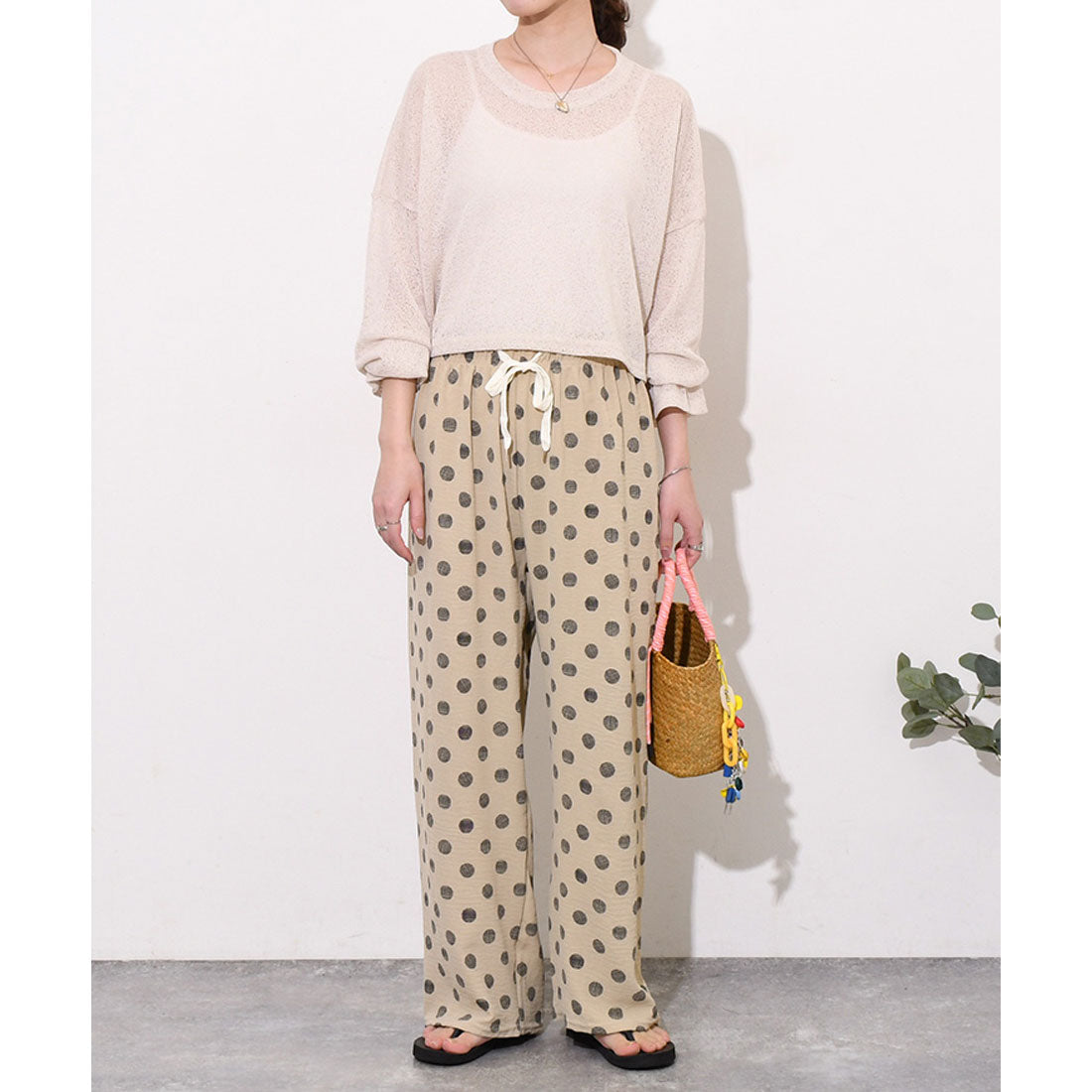リアルスタイル REAL STYLE ワイドパンツ レディース 春 夏 ドット柄 涼しい 涼感 速乾 楽ちん きれいめ リラックス ウエストゴム 薄手 ボトムス 柄パンツ 柄物 （ライトカーキ） ライトカーキ