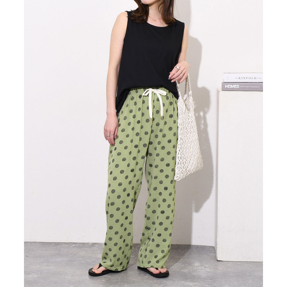 リアルスタイル REAL STYLE ワイドパンツ レディース 春 夏 ドット柄 涼しい 涼感 速乾 楽ちん きれいめ リラックス ウエストゴム 薄手 ボトムス 柄パンツ 柄物 （ライトカーキ） ライトカーキ