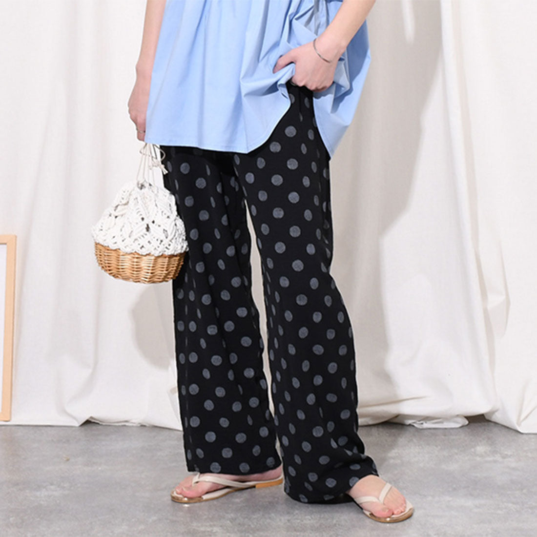 リアルスタイル REAL STYLE ワイドパンツ レディース 春 夏 ドット柄 涼しい 涼感 速乾 楽ちん きれいめ リラックス ウエストゴム 薄手 ボトムス 柄パンツ 柄物 （ブラック） ブラック