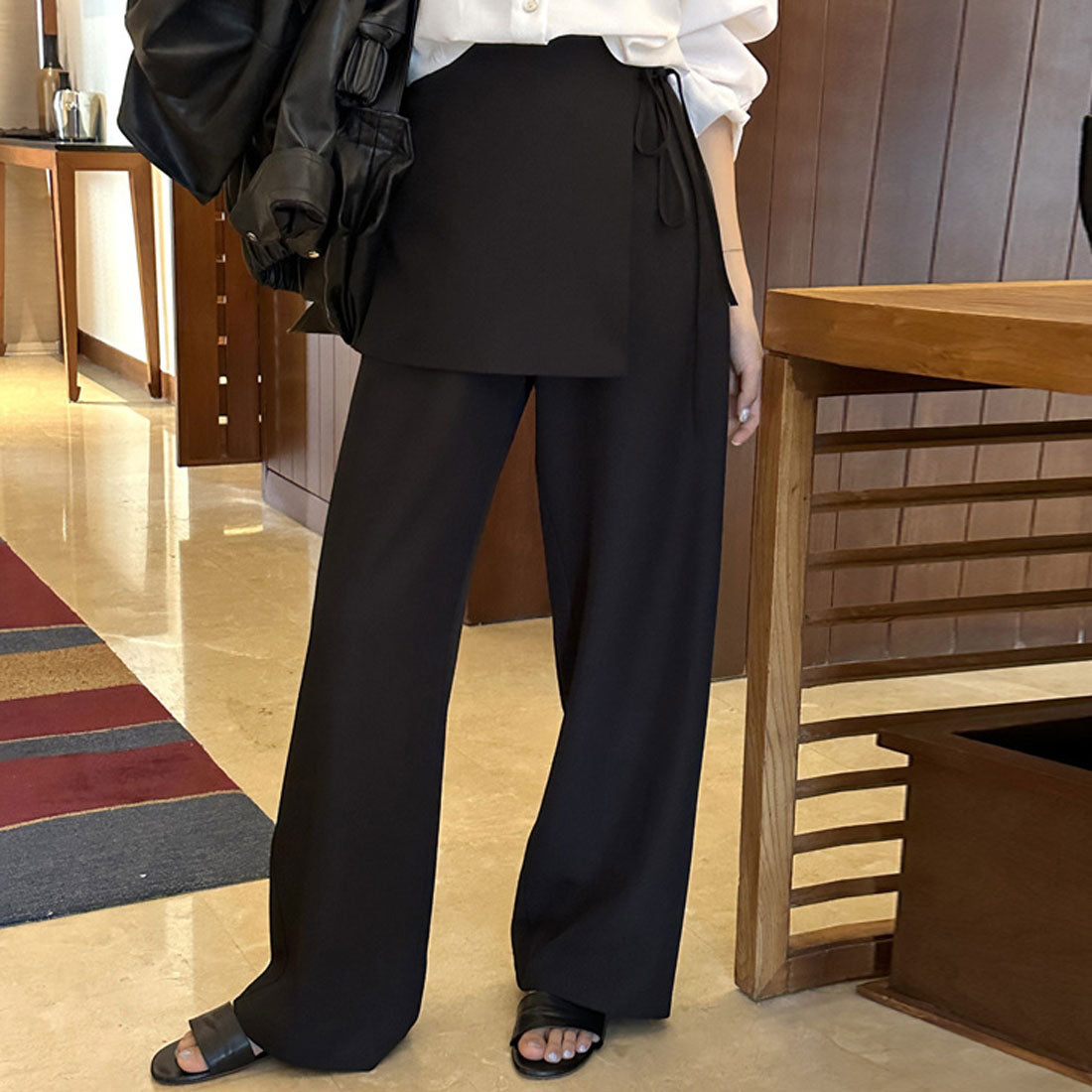 リアルスタイル REAL STYLE スカート付きパンツ ワイドパンツ ロング ラップスカート スラックス レディース ボトムス 韓国 レイヤード風 重ね着風 おしゃれ きれいめ （ブラック） ブラック