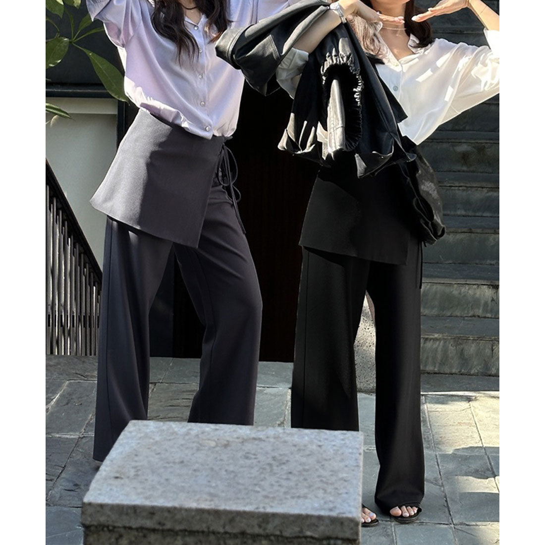 リアルスタイル REAL STYLE スカート付きパンツ ワイドパンツ ロング ラップスカート スラックス レディース ボトムス 韓国 レイヤード風 重ね着風 おしゃれ きれいめ （ブラック） ブラック