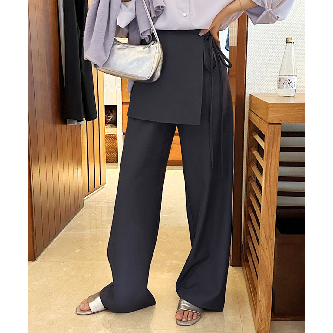 リアルスタイル REAL STYLE スカート付きパンツ ワイドパンツ ロング ラップスカート スラックス レディース ボトムス 韓国 レイヤード風 重ね着風 おしゃれ きれいめ （ブラック） ブラック