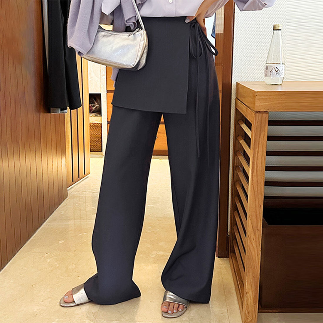 リアルスタイル REAL STYLE スカート付きパンツ ワイドパンツ ロング ラップスカート スラックス レディース ボトムス 韓国 レイヤード風 重ね着風 おしゃれ きれいめ （チャコール） チャコール