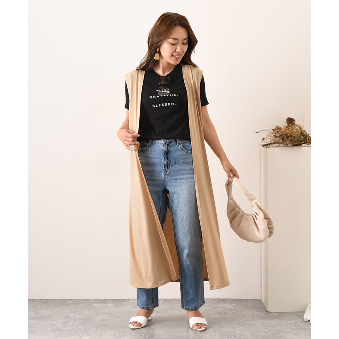REAL STYLE Gilet Long Coordination Vest Black Cardigan Seamless Thin Cool Outerwear Sleeveless For 40s 50s