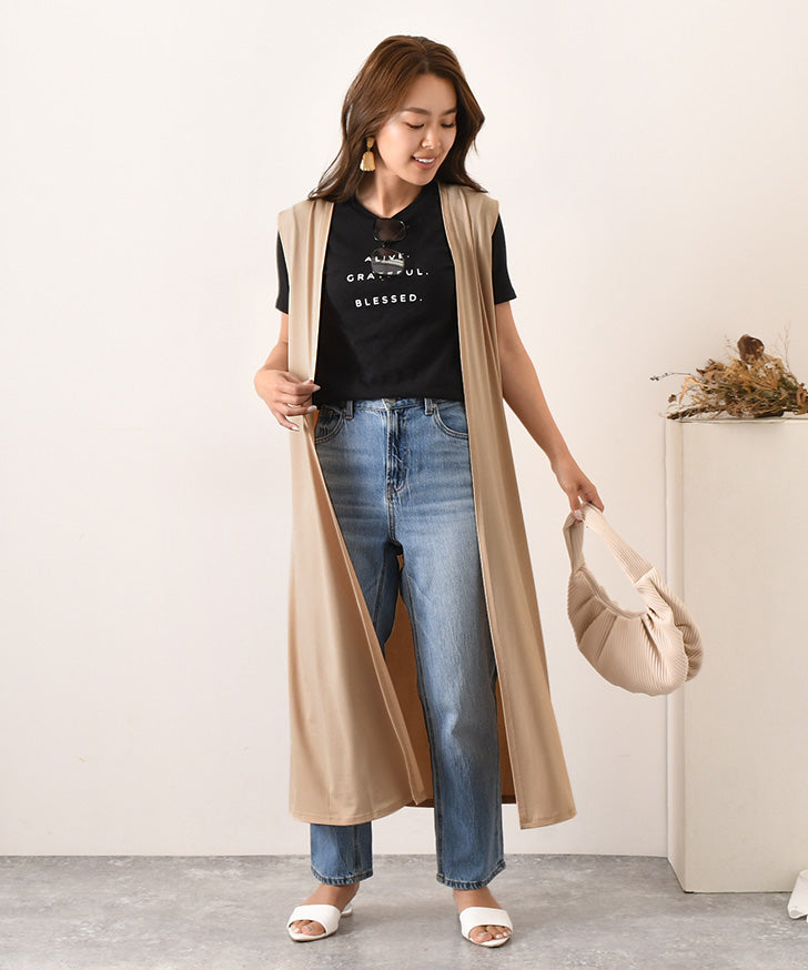 REAL STYLE Gilet Long Coordination Vest Black Cardigan Seamless Thin Cool Outerwear Sleeveless For 40s 50s