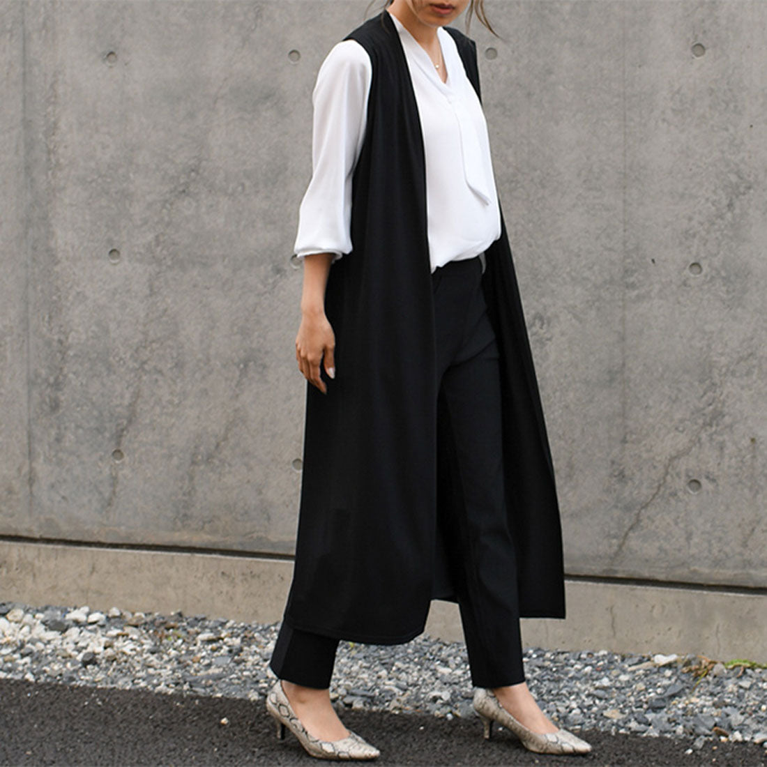 REAL STYLE Gilet Long Coordination Vest Black Cardigan Seamless Thin Cool Outerwear Sleeveless For 40s 50s