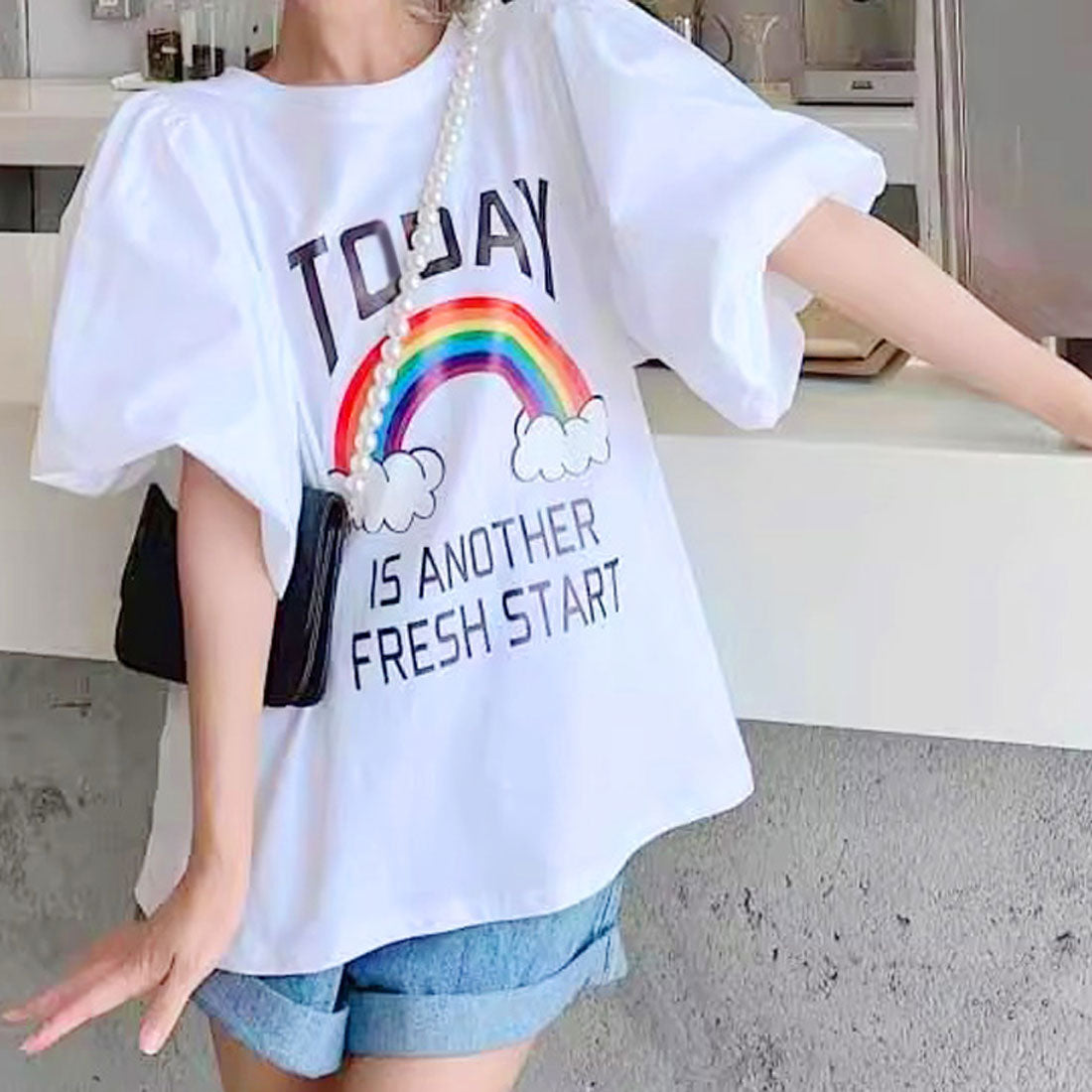 リアルスタイル REAL STYLE Tシャツ レディース 半袖 5分袖 ゆったり 夏 カットソー トップス 白 カジュアル バルーンスリーブ プリント ロゴ レインボー 虹 伸縮 （ホワイト） ホワイト