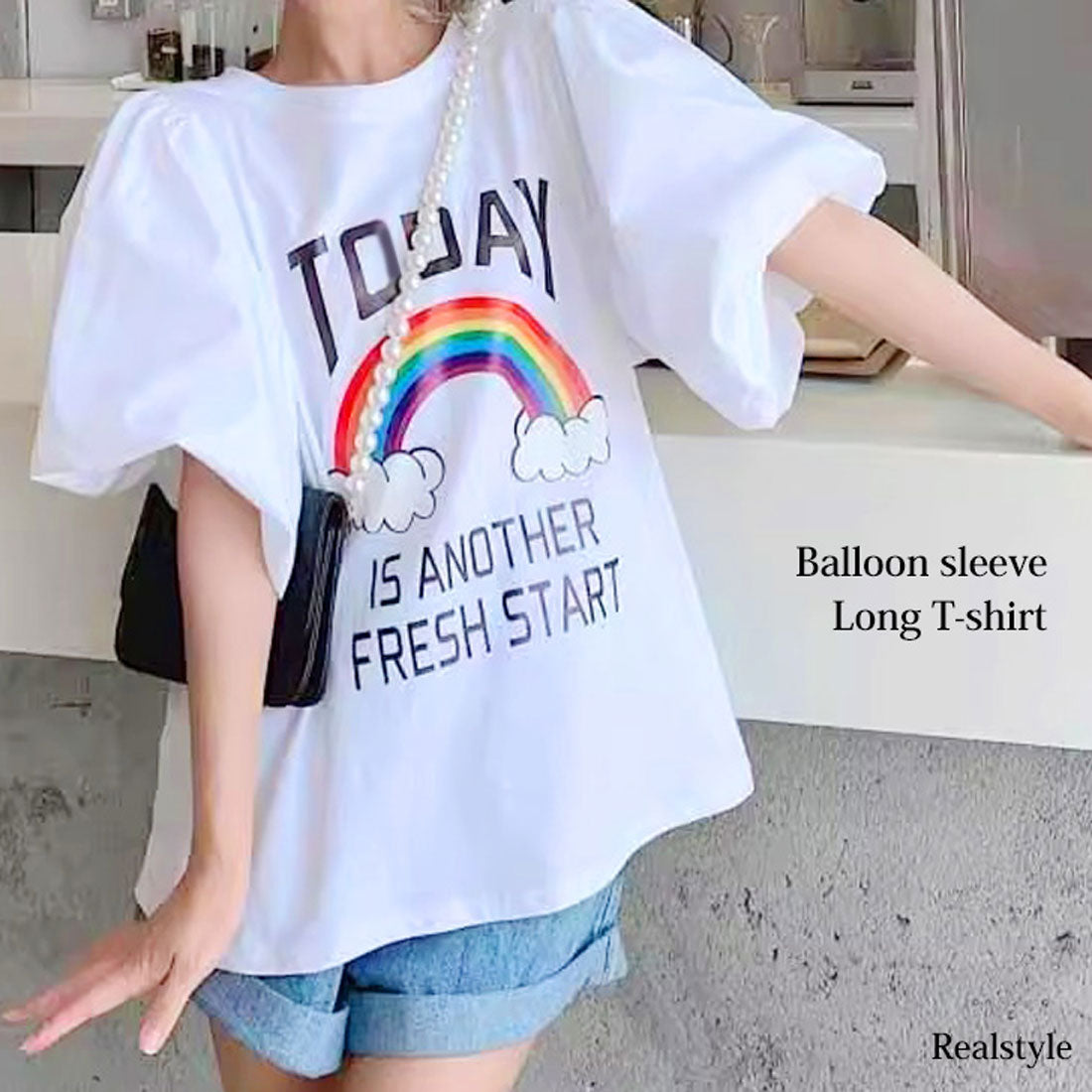 リアルスタイル REAL STYLE Tシャツ レディース 半袖 5分袖 ゆったり 夏 カットソー トップス 白 カジュアル バルーンスリーブ プリント ロゴ レインボー 虹 伸縮 （ホワイト） ホワイト
