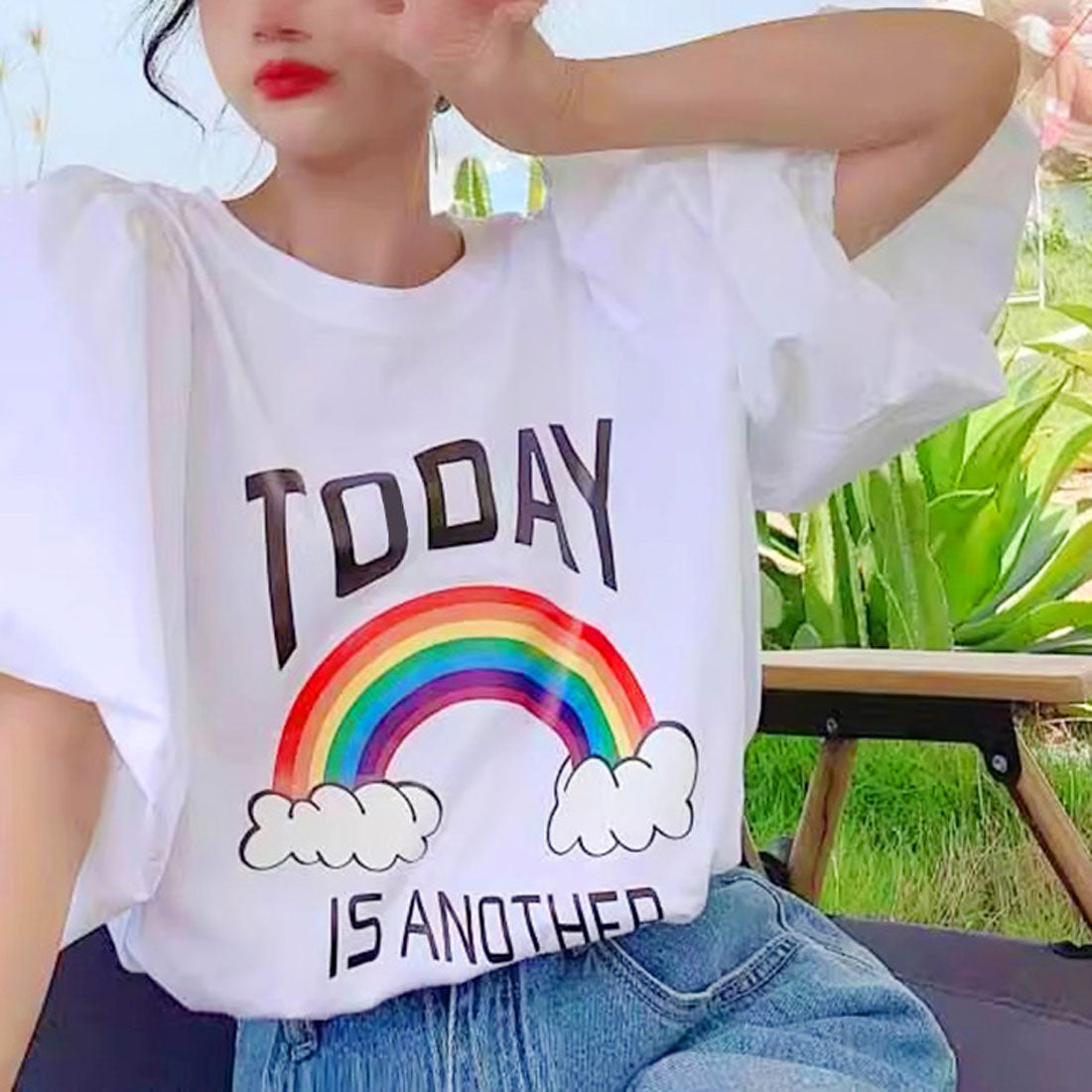 リアルスタイル REAL STYLE Tシャツ レディース 半袖 5分袖 ゆったり 夏 カットソー トップス 白 カジュアル バルーンスリーブ プリント ロゴ レインボー 虹 伸縮 （ホワイト） ホワイト
